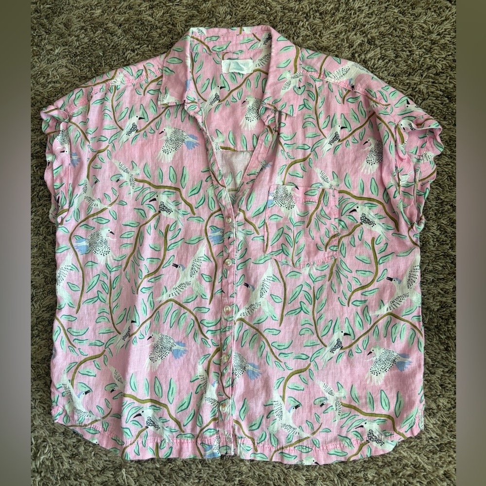Cynthia Rowley 100% Linen Pink Bird Print Button-Up Blouse Size Large